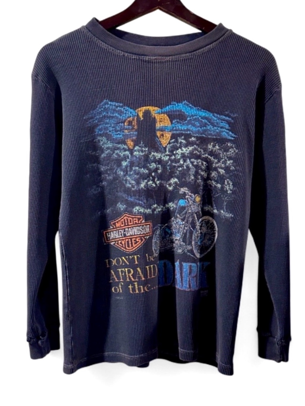 Vintage Harley-Davidson Navy Blue Long Sleeve Graphic Waffle Shirt Size Medium